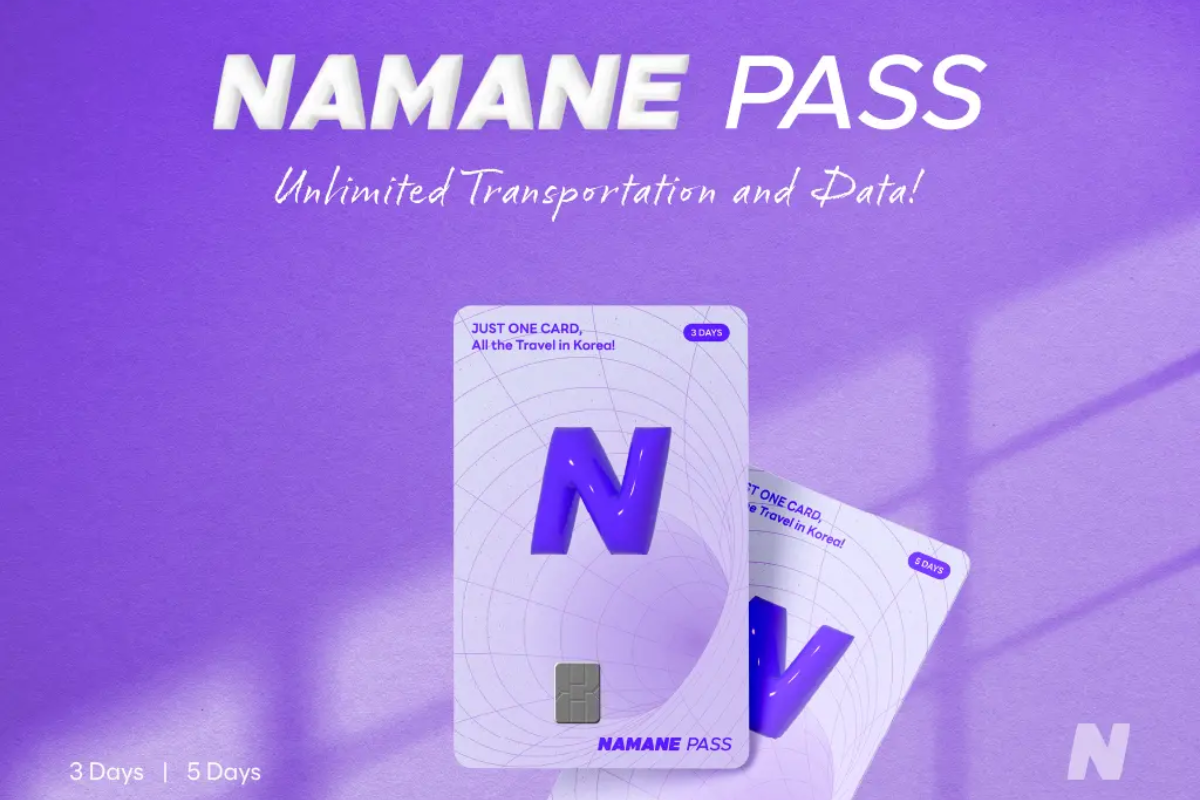 韓國NAMANE PASS宣傳海報。展示NAMANE PASS卡片,卡片上印有「Unlimited Transportation and Data」字樣,適合短期遊客在韓國使用,提供無限交通體驗。