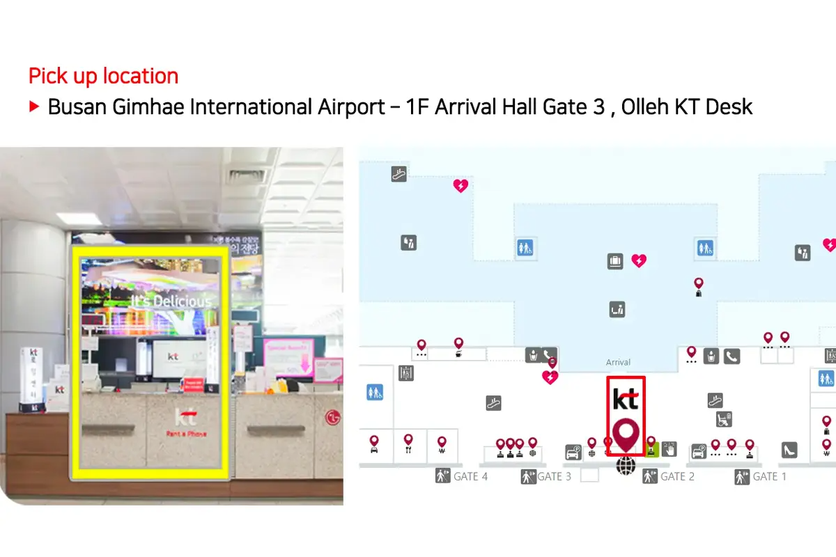 金海機場 1樓3號門 KT Roaming 櫃枱地圖，為旅客提供即時通信解決方案。